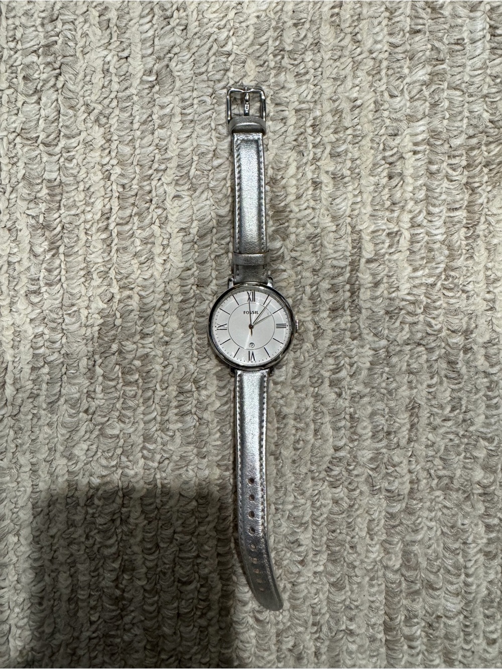 Fossil Silver Metallic Leather Strap Watch with White Dial